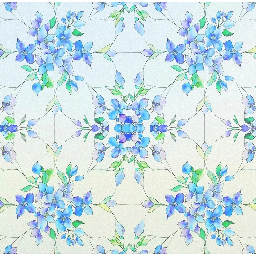 SOMWISE Frosted Glass Window Privacy Film Blue Floral Static Cling 35in x 157in